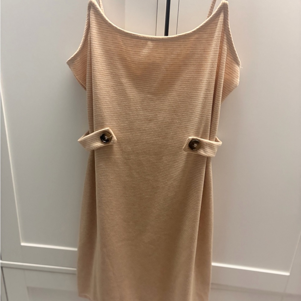 Beige Knit Midi Dress with Side Button Details